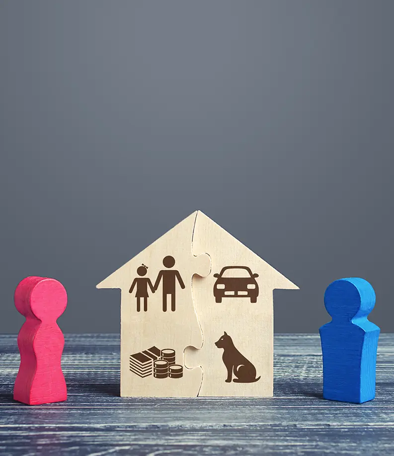 Husband and wife divide a house in a divorce process. Fair marital property division Agreement. Conflict resolution, legal services assistance. rights Infringement. Protection interests. Legality Infant & Child Injuries